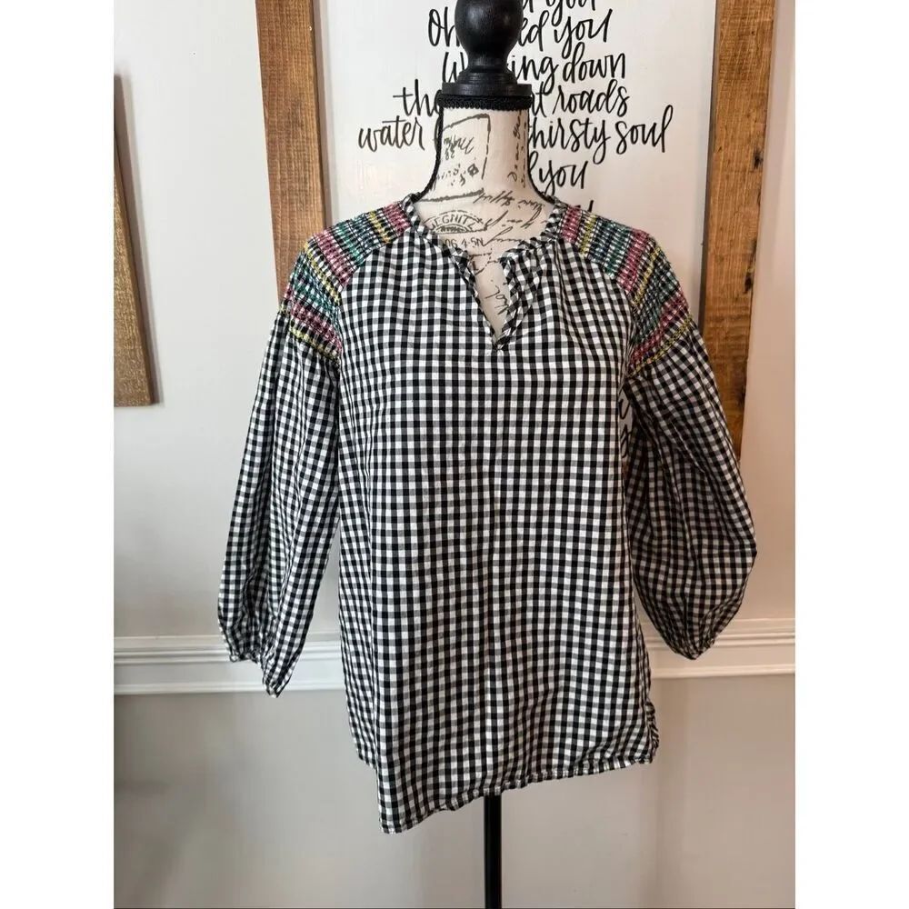 Madewell Women's Gingham Balloon Sleeve Smocked Shoulder Top Black White XXS